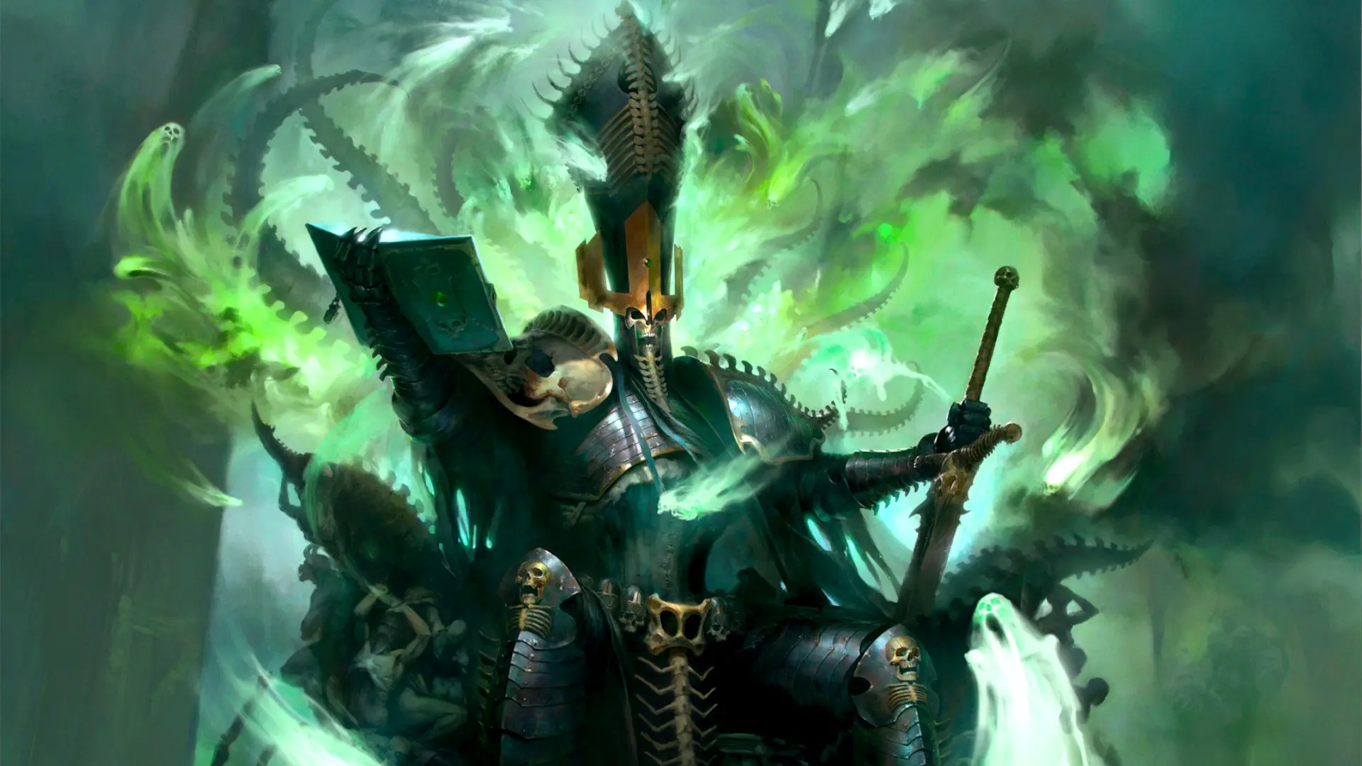 Nagash, the Great Necromancer, sitting on a throne surrounded by green ethereal magic in Total War: Warhammer 3