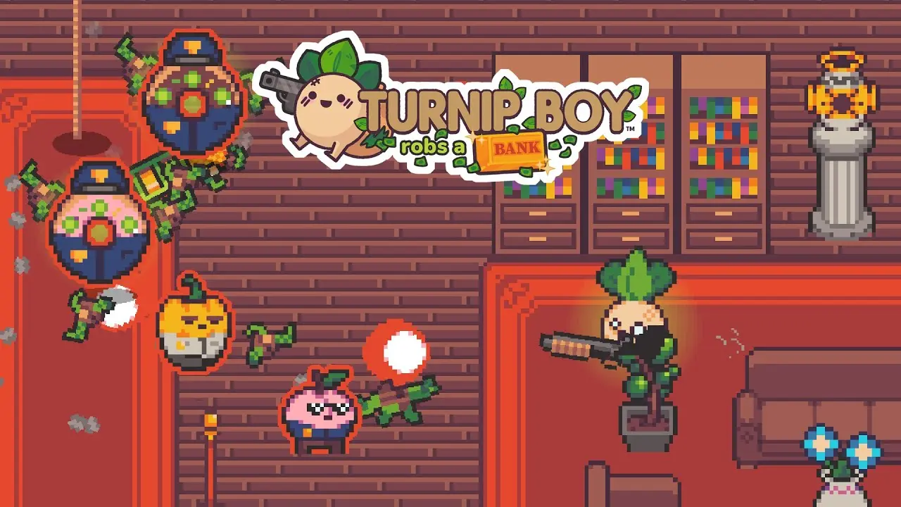 Pixel art gameplay screenshot of Turnip Boy Robs a Bank featuring Turnip Boy with a gun in a bank office