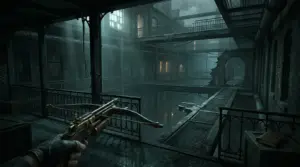 Mroczna scena pierwszoosobowa symbolizująca nowy immersive sim twórców Dishonored