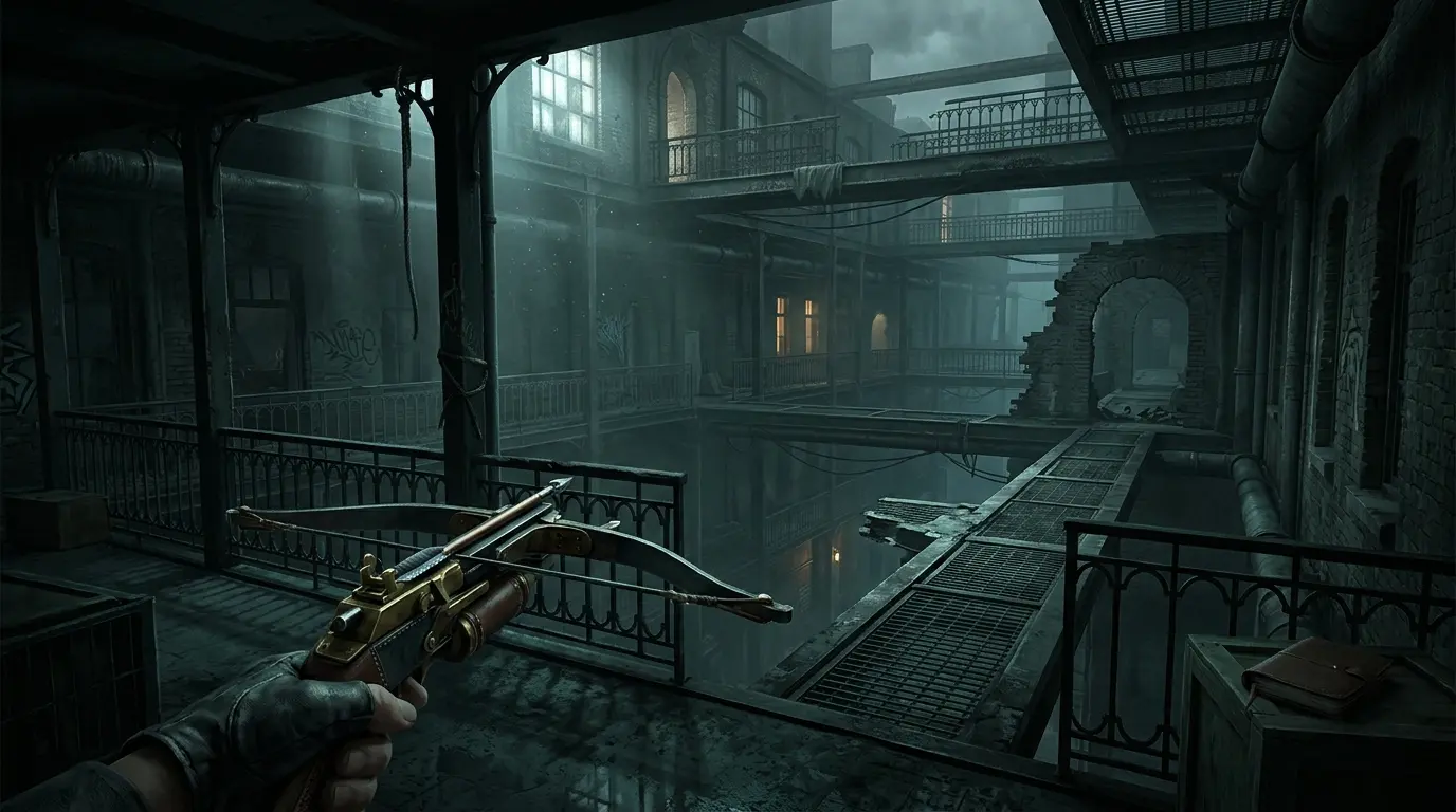 Mroczna scena pierwszoosobowa symbolizująca nowy immersive sim twórców Dishonored