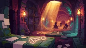 A glowing skeleton key leads into an expanded fantasy dungeon for the delayed Rizz Dungeon game.