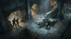 Isometric view of operators planning a turn-based assault inside a destructible industrial building