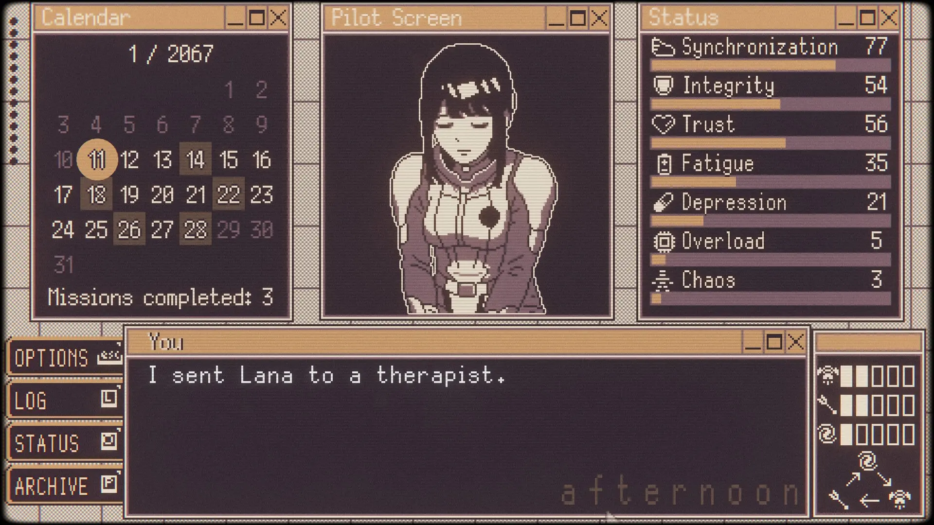 Gameplay screenshot of Valkyrie Iteration showing a pilot profile, a calendar, and dialogue about Lana.