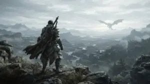 Armored hunter overlooking a vast wilderness in Monster Hunter Wilds