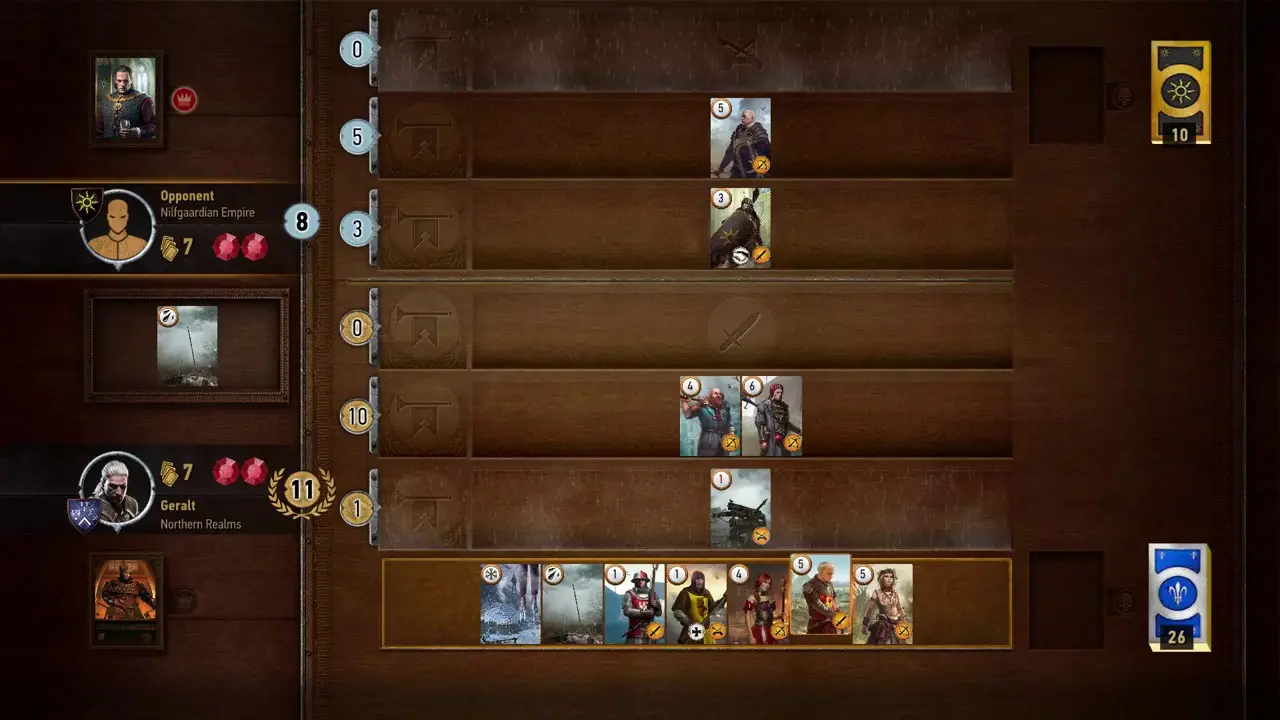 Gameplay screenshot of a Gwent card match in The Witcher 3 featuring Geralt and a Nilfgaardian opponent.
