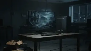 Unfinished tactical game scene on a monitor in a quiet studio after reported layoffs