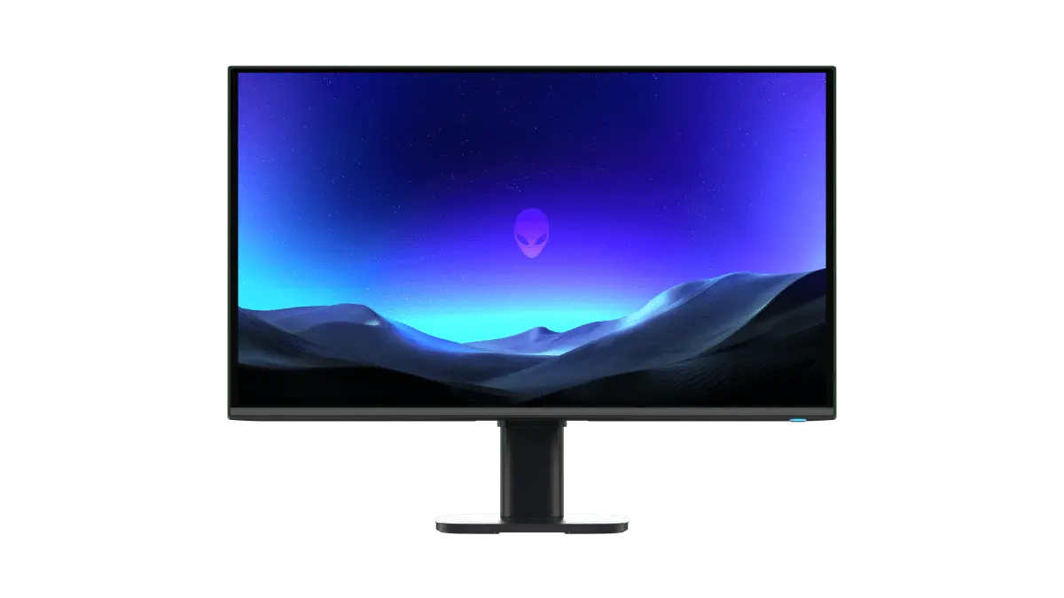Front view of an Alienware gaming monitor displaying a blue and purple landscape with an alien head logo