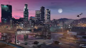 Widok na nocną panoramę miasta Los Santos z gry Grand Theft Auto V.