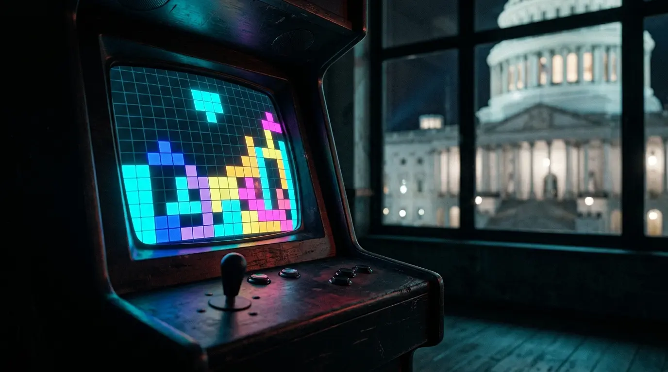 Arcade cabinet showing geometric blocks forming a wall against a blurred government building
