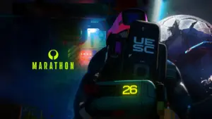 Oficjalna grafika promocyjna gry Marathon przedstawiająca postać w futurystycznym pancerzu z logo gry.
