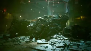 Zmechanizowany boss Chimera z gry Cyberpunk 2077: Phantom Liberty w mrocznym, industrialnym otoczeniu.