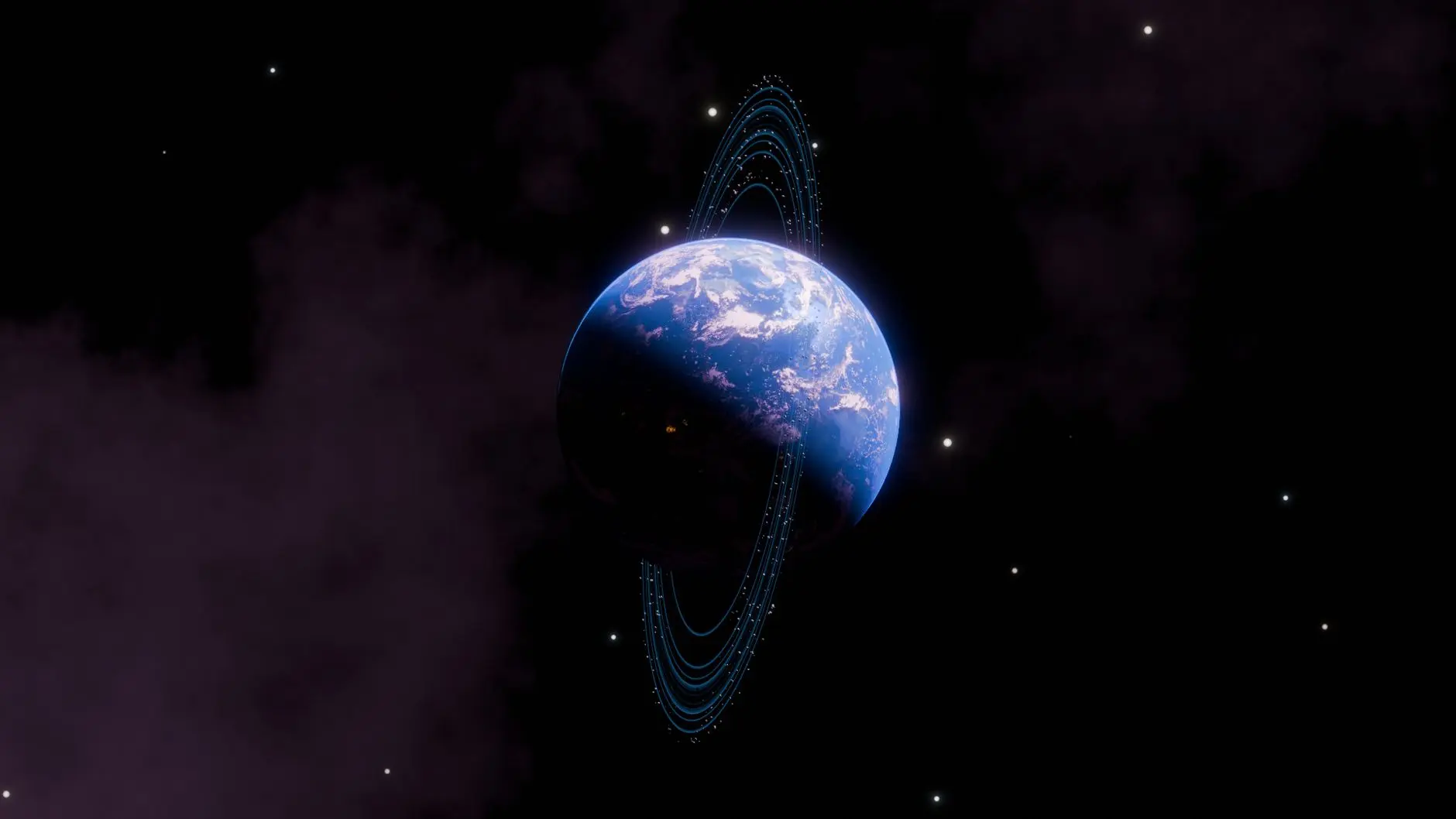 A stylized Earth-like planet in deep space surrounded by glowing blue orbital rings