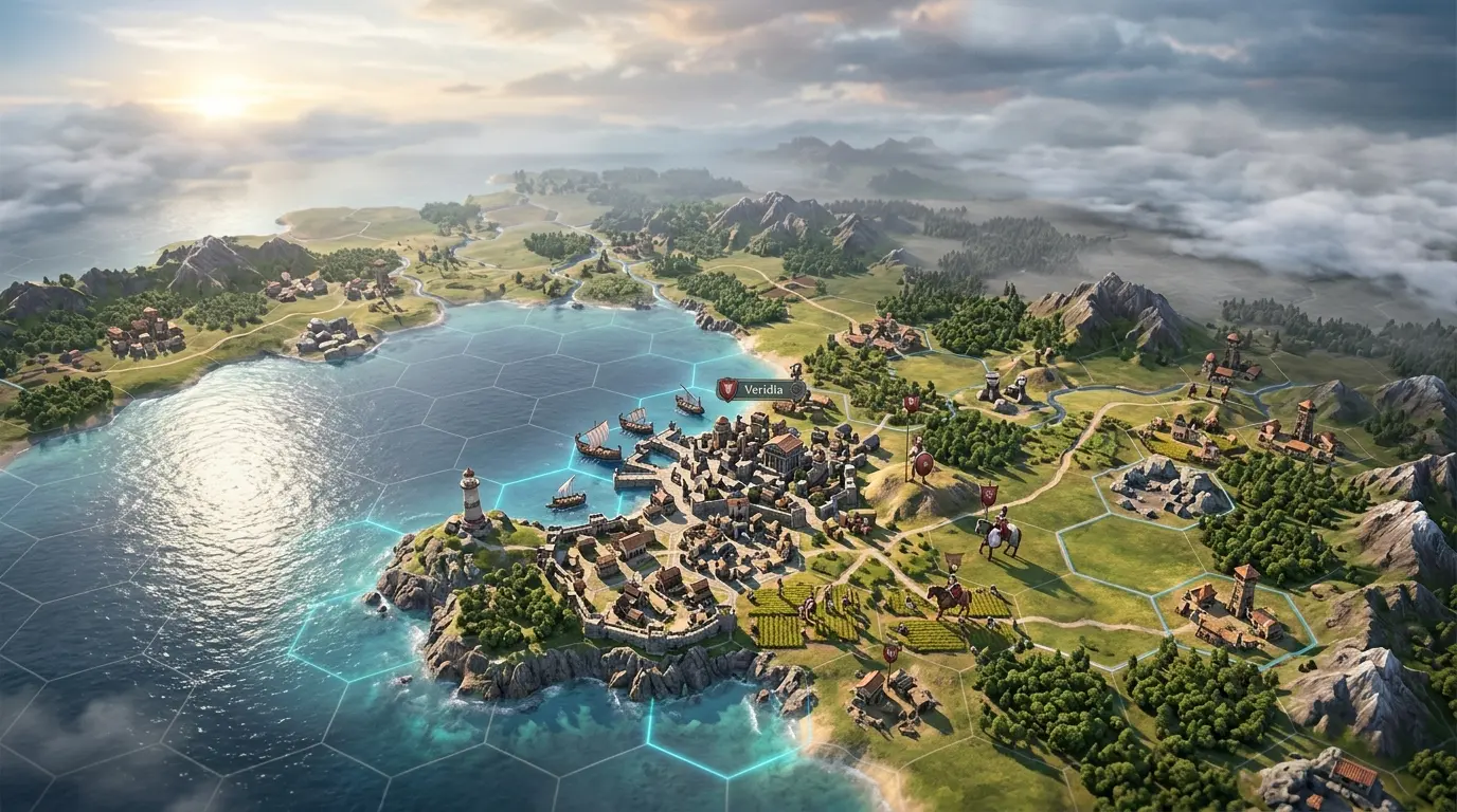 Widok strategicznej mapy świata z rozwijającym się miastem w Civilization VII