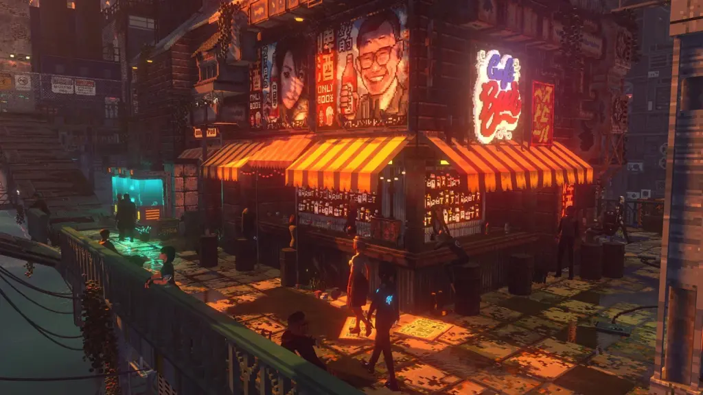 Zrzut ekranu z gry Nivalis Nights przedstawiający cyberpunkowy bar z neonowymi reklamami i postaciami.