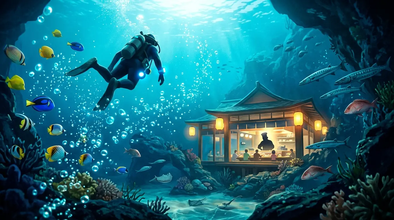 Dave the Diver exploring a glowing underwater restaurant after surpassing 10 million sales
