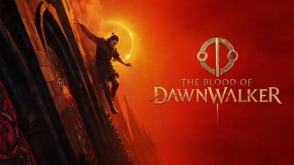 Sztuka koncepcyjna z gry The Blood of Dawnwalker przedstawiająca postać na tle czerwonego nieba i logo gry.