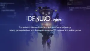 Logo Denuvo by Irdeto na tle futurystycznego robota i ciemnego, cyfrowego tła