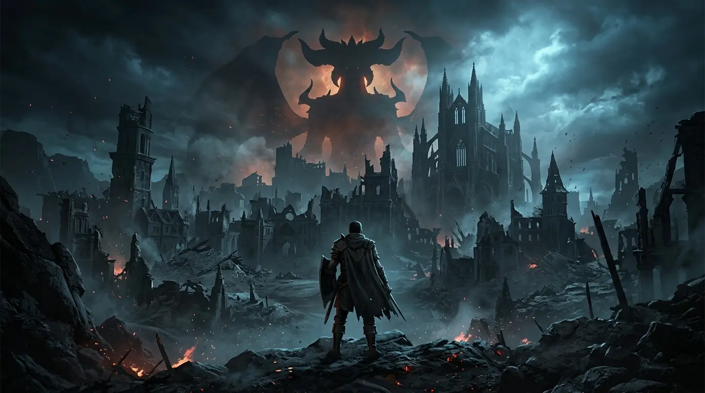 Ruined Sanctuary beneath a victorious demonic figure in a dark fantasy scene