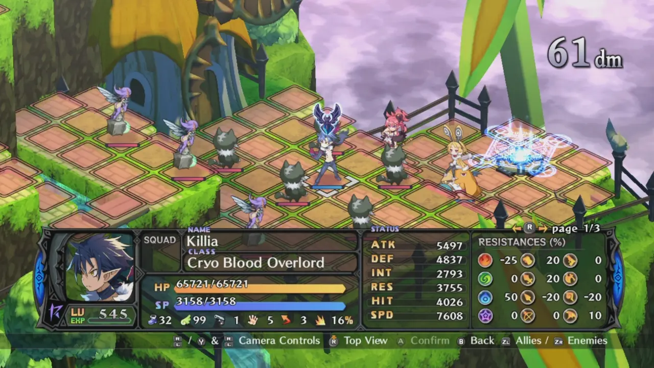 Zrzut ekranu z rozgrywki w grze Disgaea 5 z widocznymi statystykami postaci Killia.