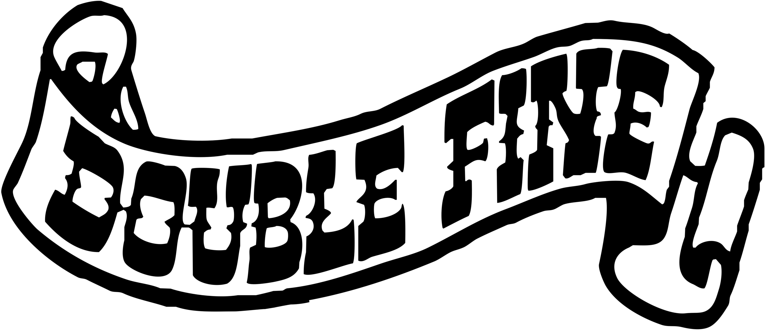 Czarno-białe logo Double Fine Productions przedstawiające nazwę firmy na rozwiniętym zwoju.