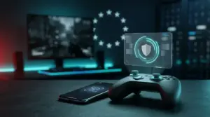 Kontroler i abstrakcyjny ekran weryfikacji wieku przy koncie w grze online