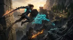 Guild Wars 3 warrior launches from a wall into an aerial attack beside a necromancer in a fantasy wilderness