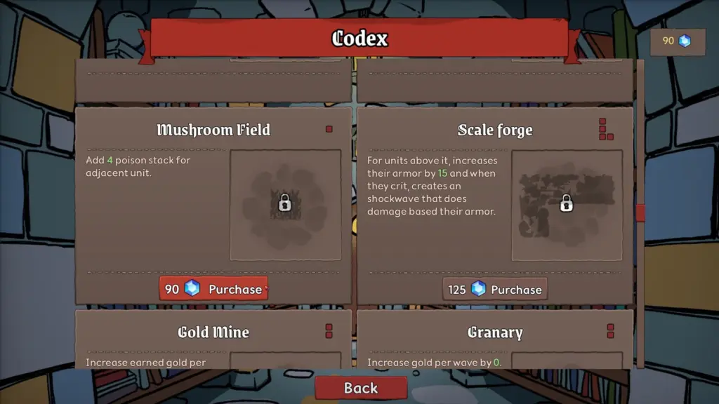 Zrzut ekranu z gry Packed Lair przedstawiający menu Codex z dostępnymi ulepszeniami.