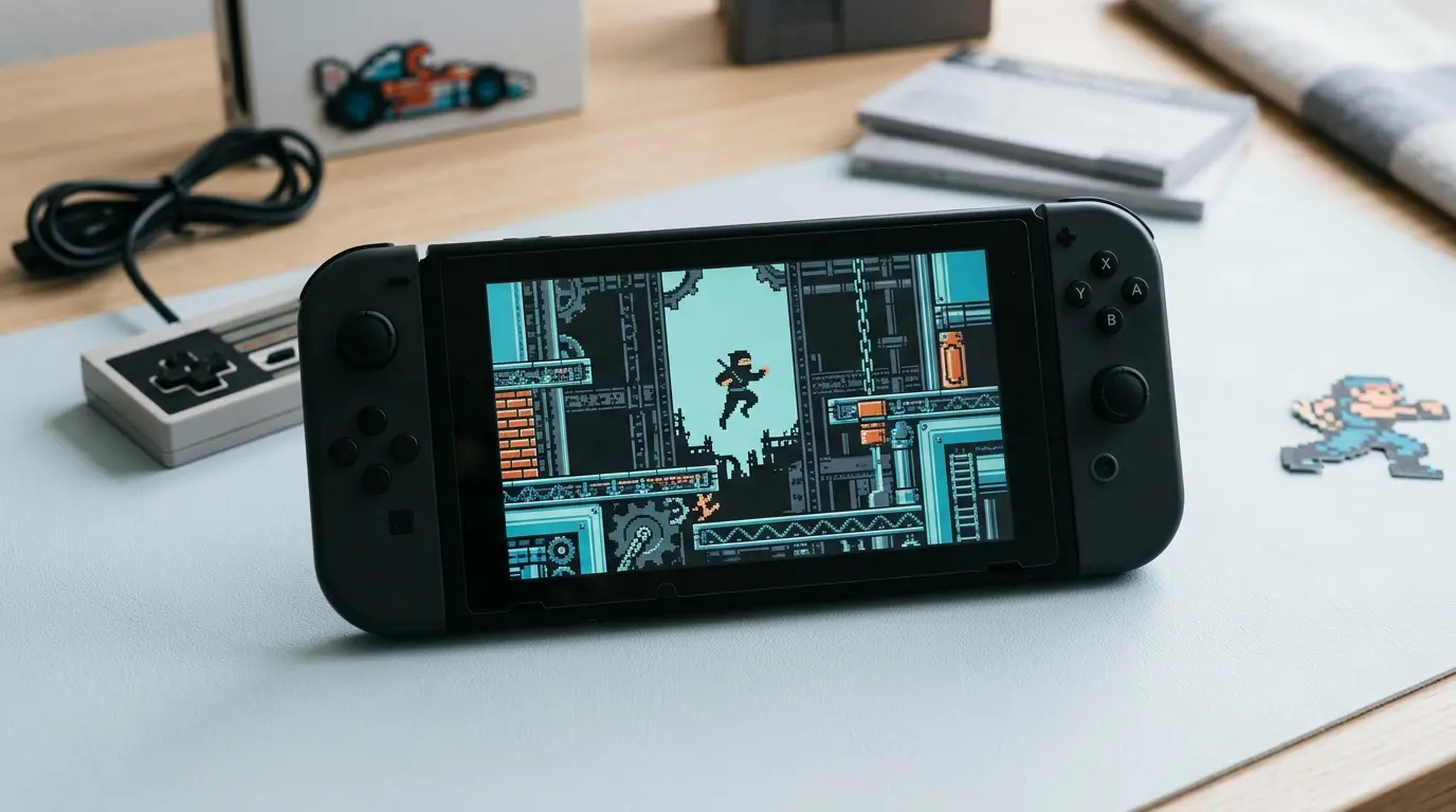 Nintendo Switch with a retro NES-style ninja game scene representing new Nintendo Switch Online classics