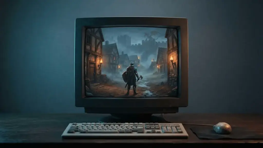 Vintage monitor pokazujący klasyczny świat fantasy z Ultima Online w atmosferze dokumentu o historii MMO