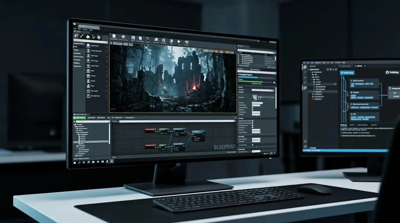 Unreal Engine modding workspace for The Blood of Dawnwalker with cyan-lit development tools