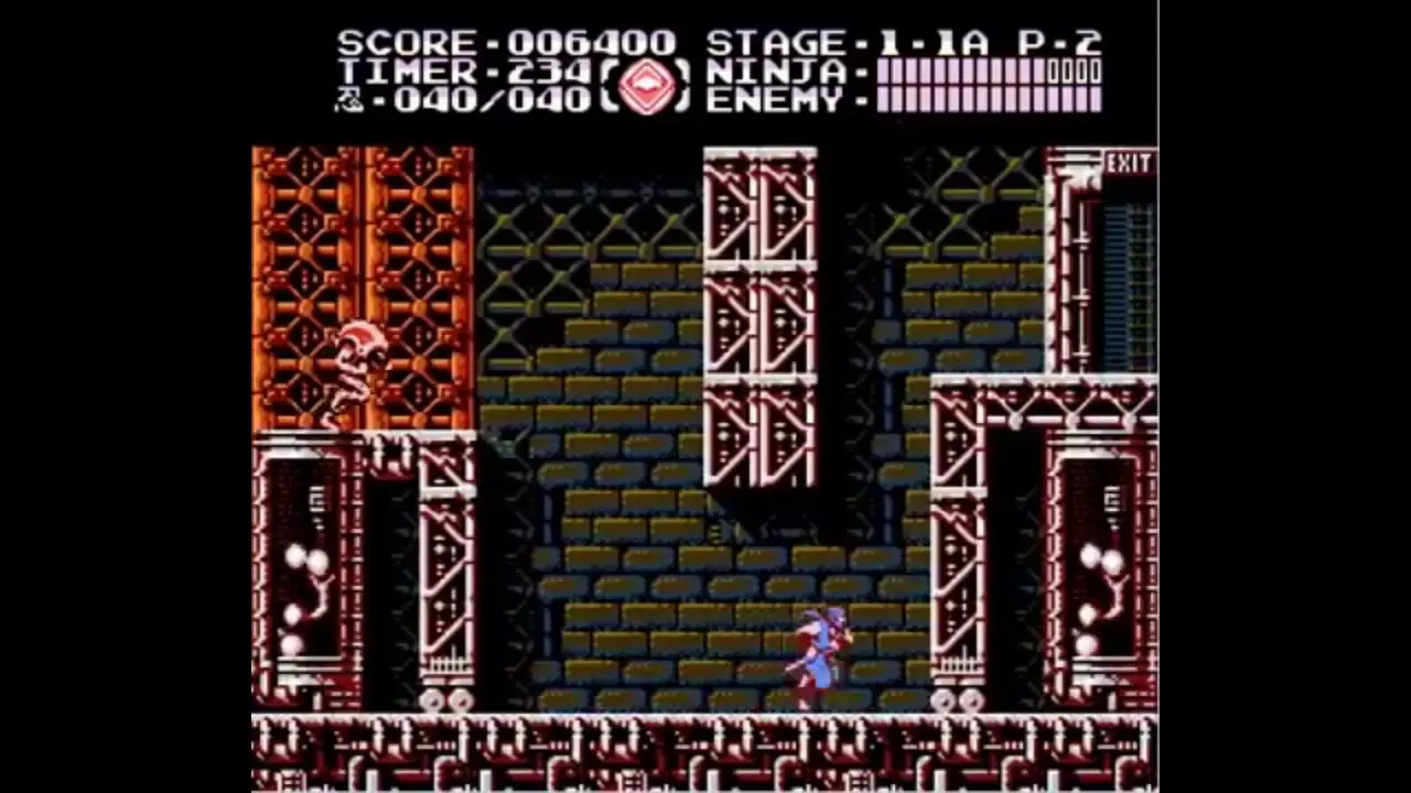 NES gameplay screenshot of Ninja Gaiden III showing Ryu in a mechanical industrial environment