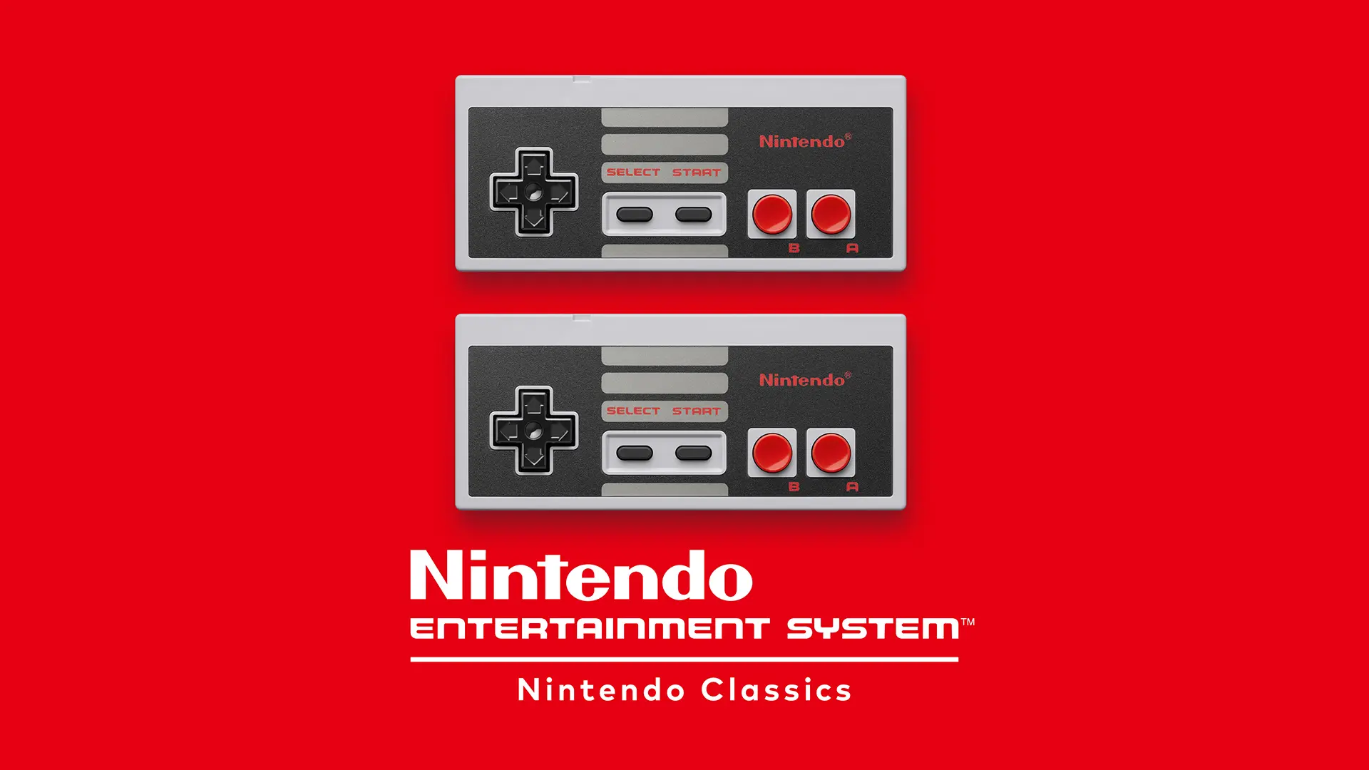 Two Nintendo Entertainment System controllers centered on a red background with Nintendo Classics text