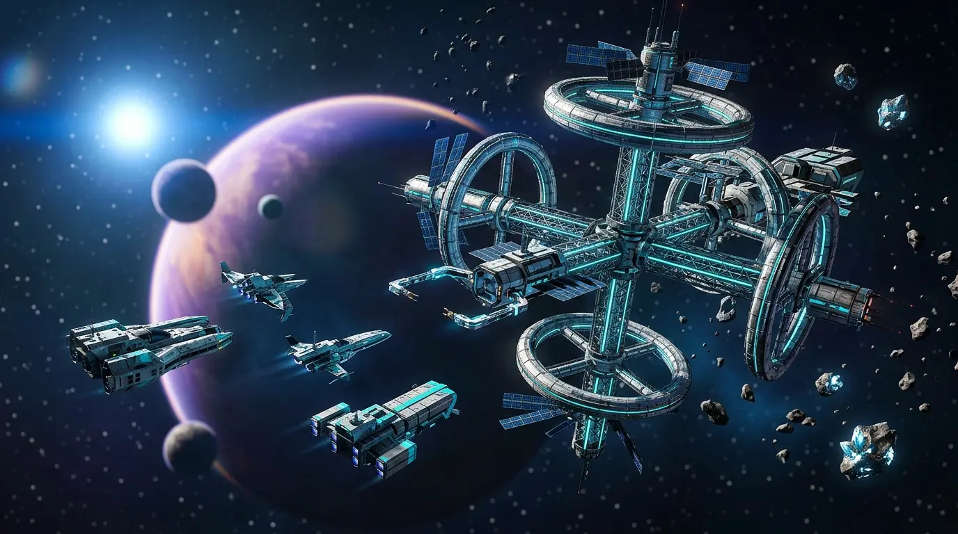 Modular player-owned space station surrounded by allied spacecraft in No Man’s Sky