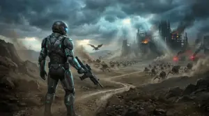 Koncepcyjna scena nowej gry StarCraft z żołnierzem Dominion i obcą planetą