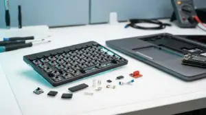 Prototyp ultracienkiego modułu klawiatury laptopa na stanowisku inżynieryjnym