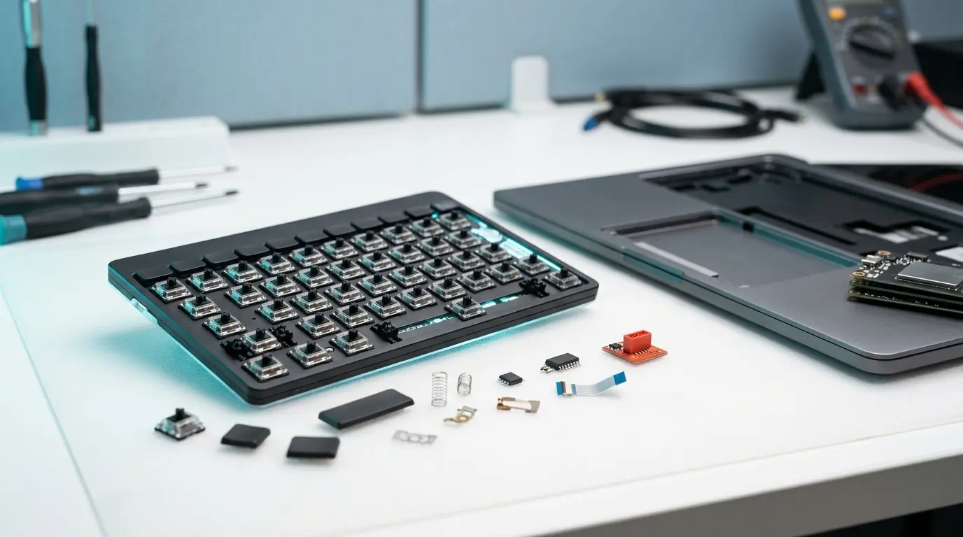 Prototyp ultracienkiego modułu klawiatury laptopa na stanowisku inżynieryjnym