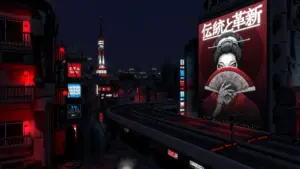 Kadr z gry Tokyo Walled City przedstawiający futurystyczne miasto nocą z neonami i wielkim billboardem.