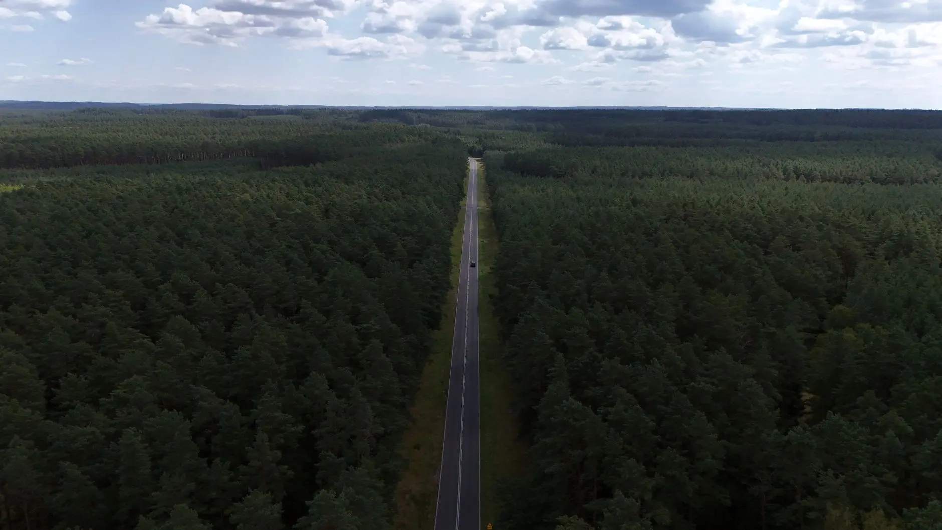 High-angle aerial shot of a straight asphalt road cutting through a dense green pine forest under a cloudy sky