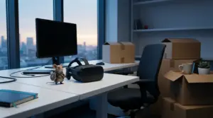 Opuszczone studio gier VR z goglami i figurką mysiego bohatera po zamknięciu Polyarc