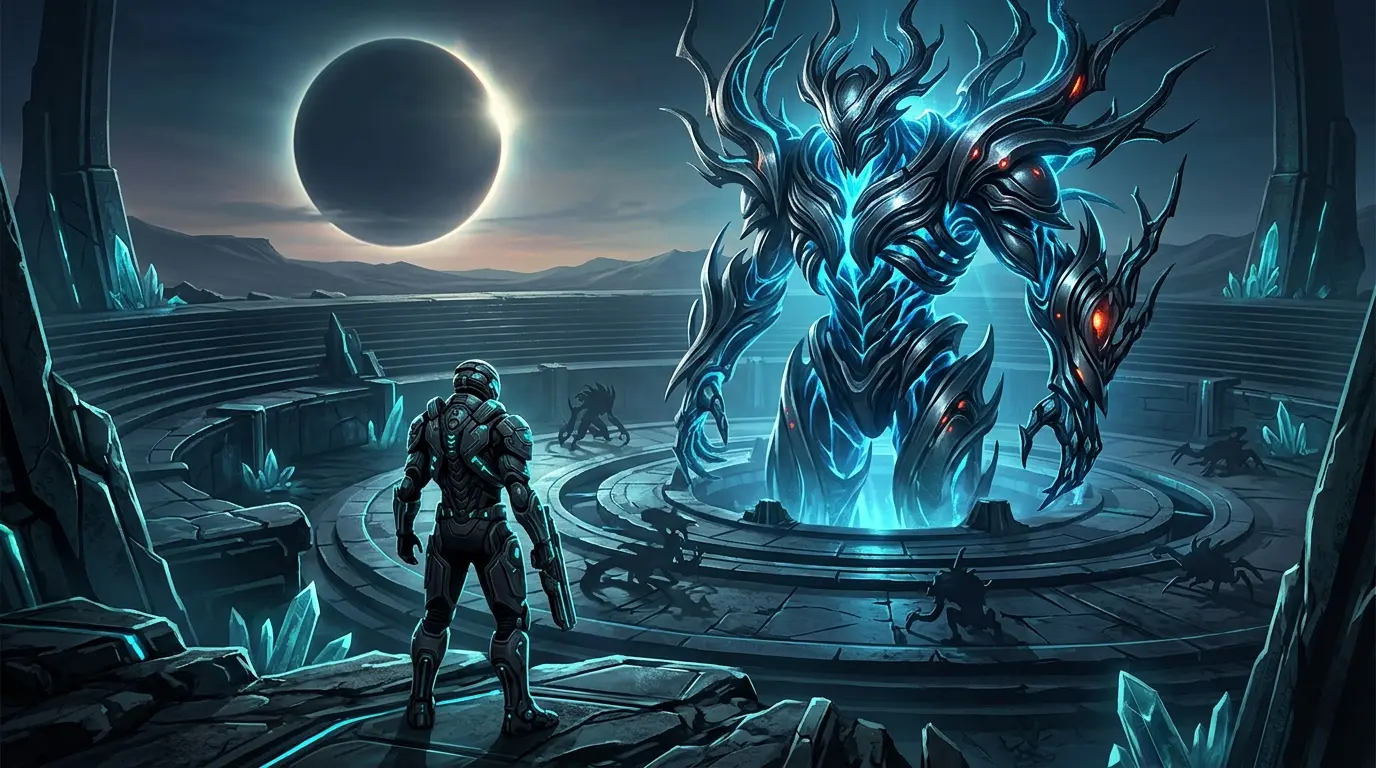 Futuristic warrior faces a towering alien boss in a dark sci-fi arena