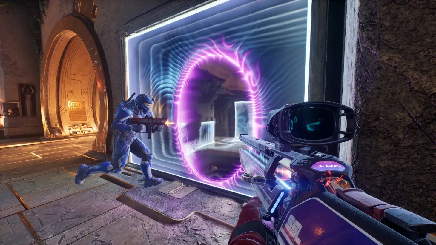 First-person view of a player aiming a futuristic rifle at an opponent jumping through a purple portal.