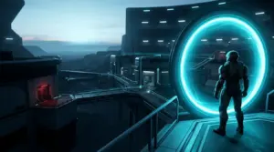 Futurystyczna arena Splitgate z portalem i wygaszanymi serwerami dedykowanymi