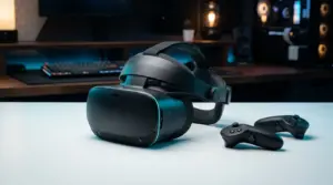 Bezprzewodowy headset VR Steam Frame i kontrolery na jasnym tle