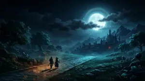 Dwaj bohaterowie przemierzają moonlit fantasy landscape w klimacie powrotu klasycznego RPG