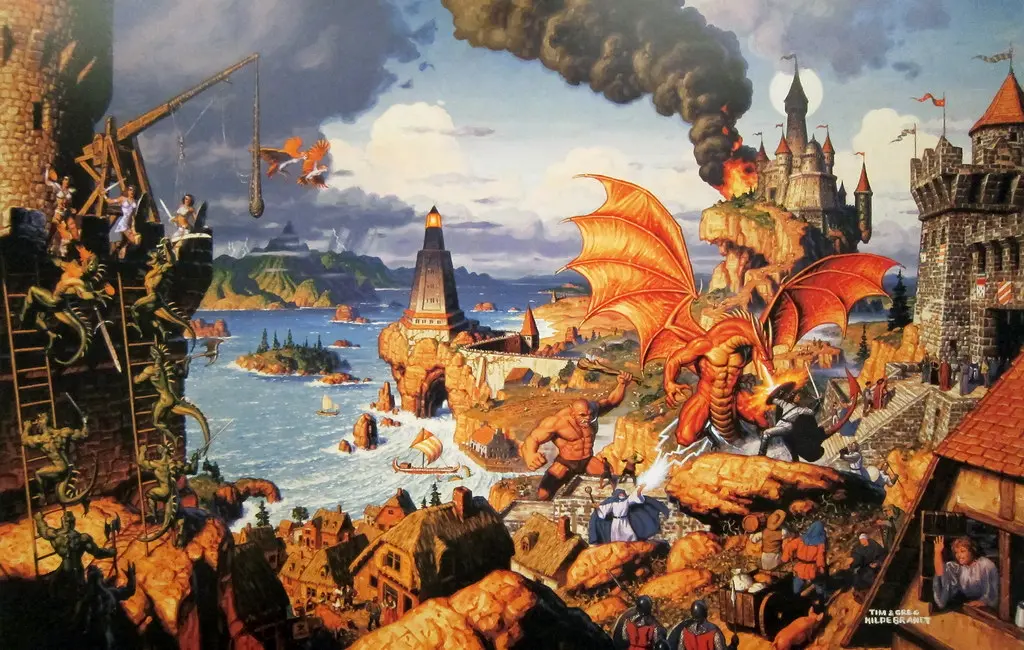 Artystyczna ilustracja z gry Ultima Online przedstawiająca walkę z czerwonym smokiem w fantastycznym krajobrazie.