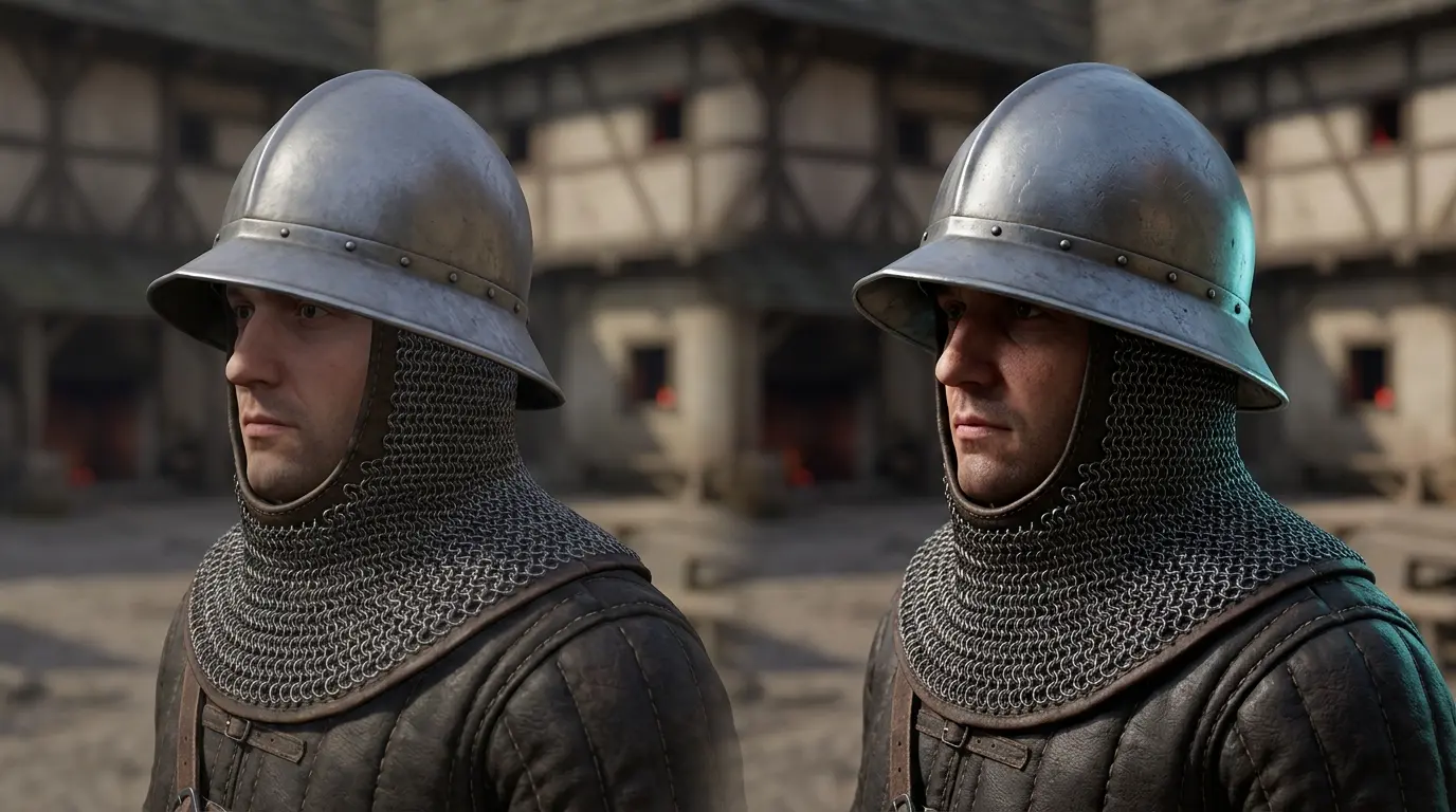 Porównanie oświetlenia średniowiecznej postaci w Kingdom Come: Deliverance 2 po zastosowaniu DLSS 5