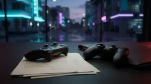Dokumenty sądowe i kontroler do gier na tle neonowego miasta, symbolizujące wzmiankę o GTA 6 Online