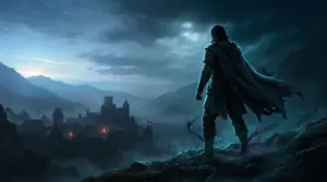 Vampire warrior overlooking a medieval valley at dawn in The Blood of Dawnwalker
