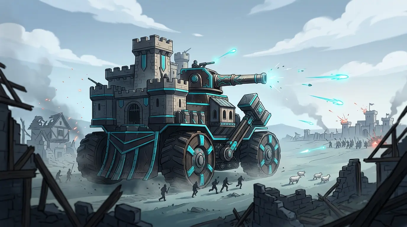 Castle-tank rolling through a fantasy battlefield in Wanderburg