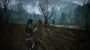 Zrzut ekranu z gry The Blood of Dawnwalker przedstawiający postać z mieczem stawiającą czoła potworom w mrocznym krajobrazie.